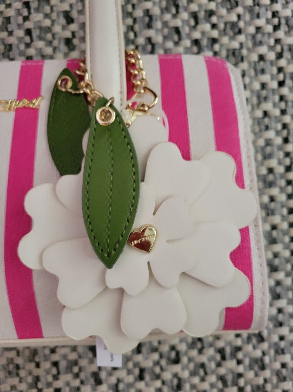 Betsey Johnson Pink and White Striped Shoulder Bag with Floral Charm - Picture 2 of 10